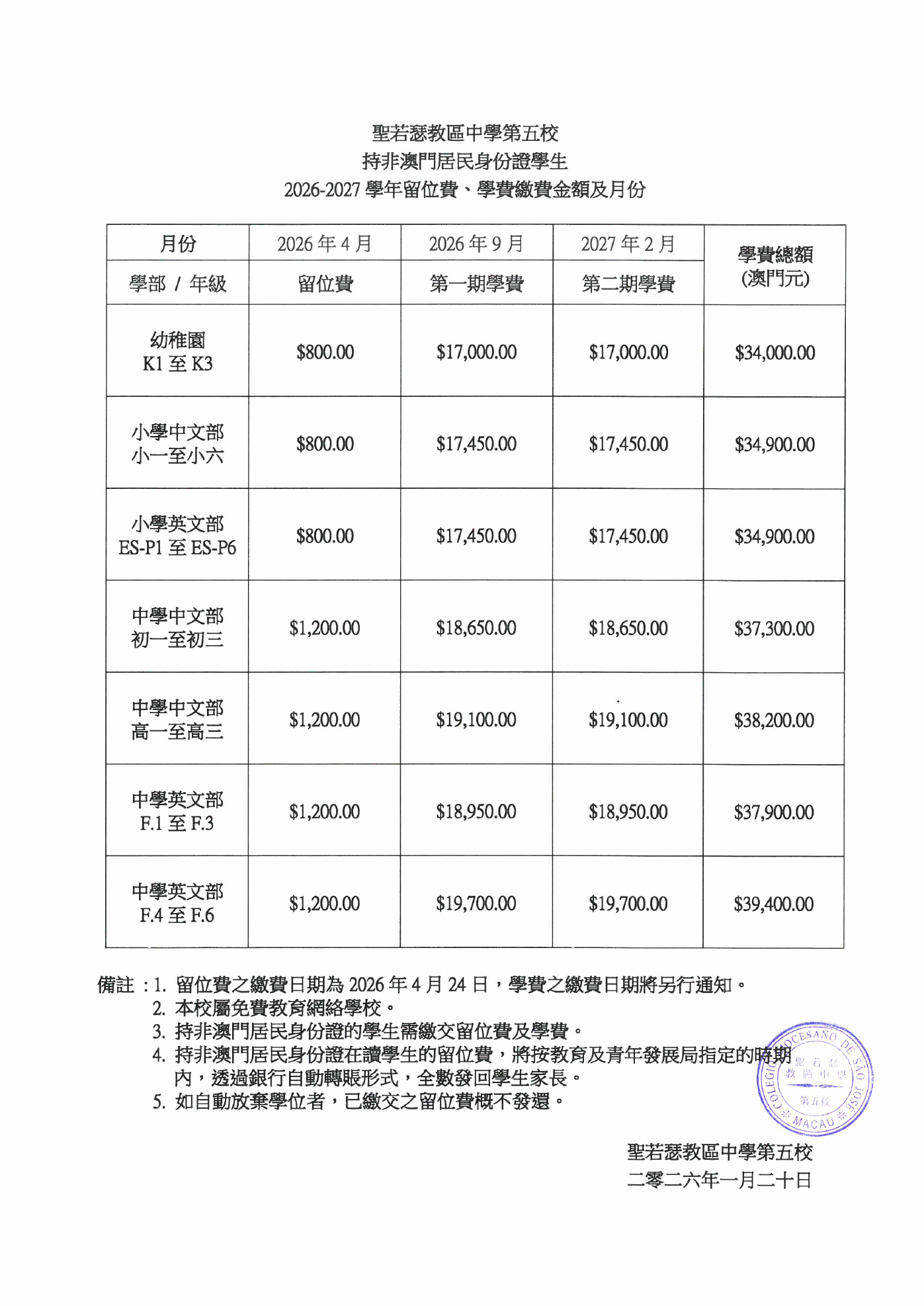 2026-2027學年留位費、學費繳費金額及月份 (非澳門居民) - 1